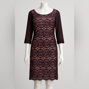 R&M Richards Plum Formal Lace Sequin Floral Sheath Dress 14W Mother of Bride